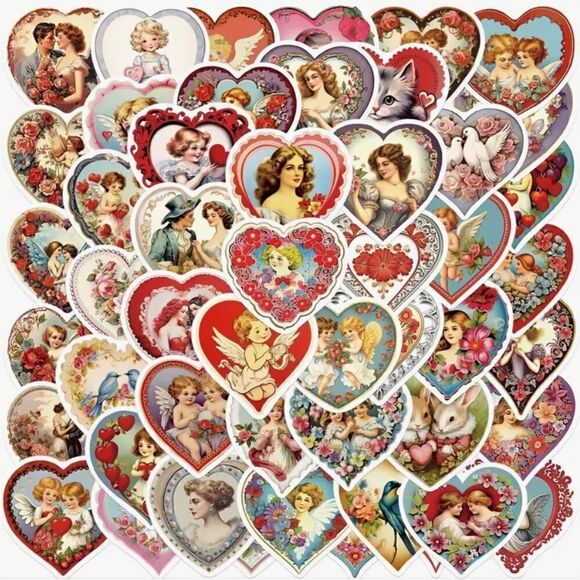 Heart Shaped Vintage Inspired Valentine Stickers 50 pcs - Picture 1 of 4